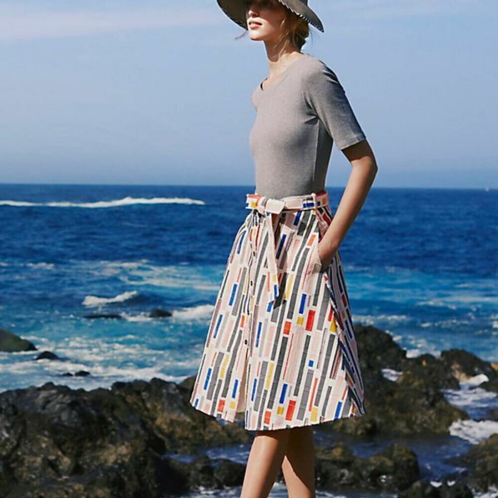 Anthropologie Hutch Striped A-Line Midi Skirt Button Front Belted 6